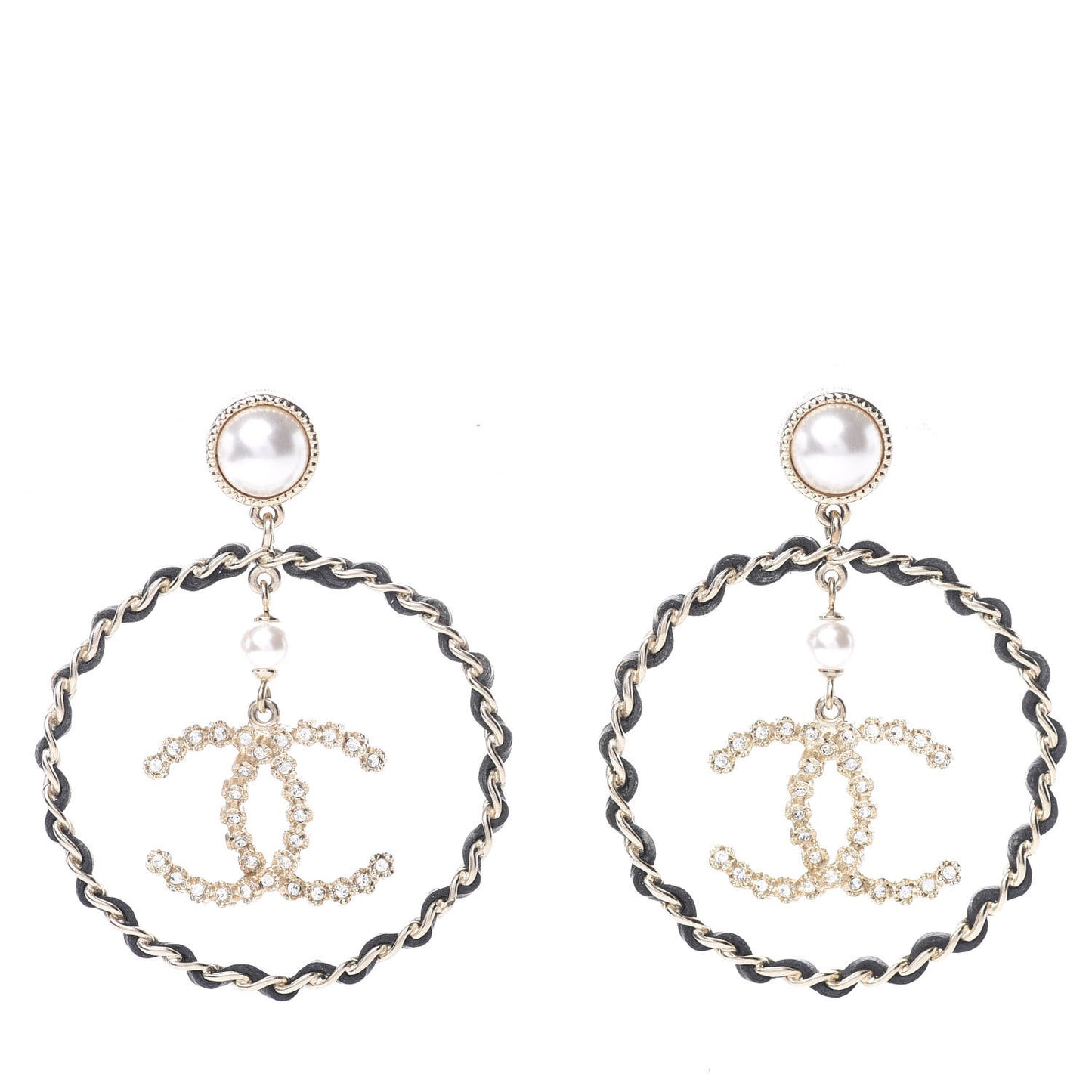 Lambskin Crystal Pearl CC Chain Hoop Earrings Gold Black