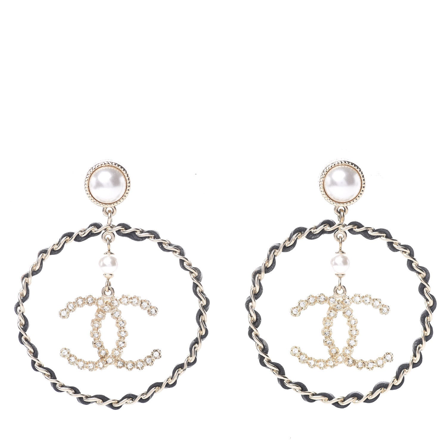 Chanel Lambskin Crystal Pearl CC Chain Hoop Earrings Gold Black 1 of 5