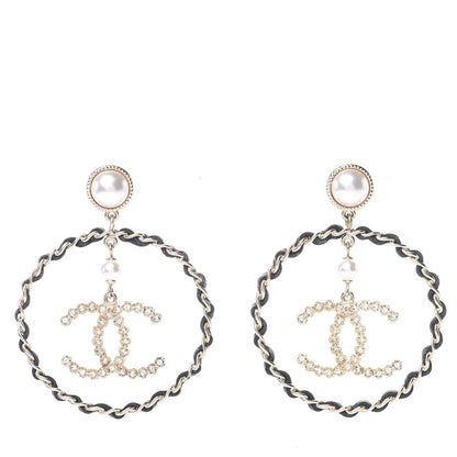 Chanel Lambskin Crystal Pearl CC Chain Hoop Earrings Gold Black 1 of 5