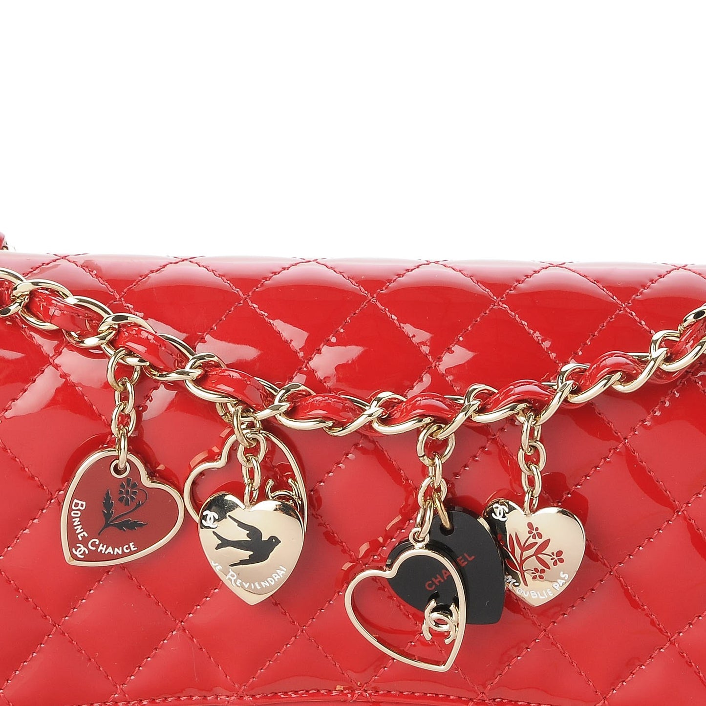 Patent Calfskin Quilted Valentine Charms Medium Single Flap Red