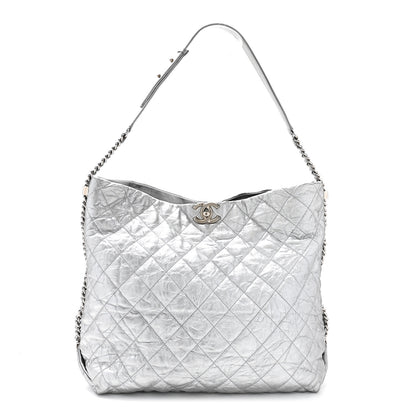 Chanel Metallic Crackled Calfskin Quilted Large Big Bang Hobo Silver 1 of 13