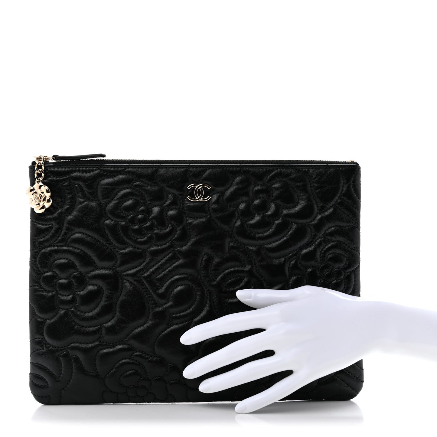 Calfskin Camellia Embossed Quilted Medium Cosmetic Case Black