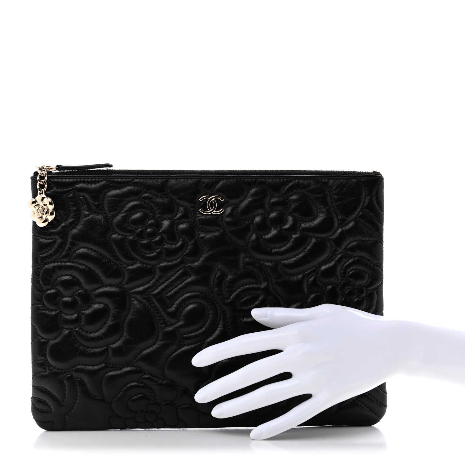 Chanel Calfskin Camellia Embossed Quilted Medium Cosmetic Case Black 2 of 7