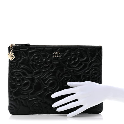 Chanel Calfskin Camellia Embossed Quilted Medium Cosmetic Case Black 2 of 7