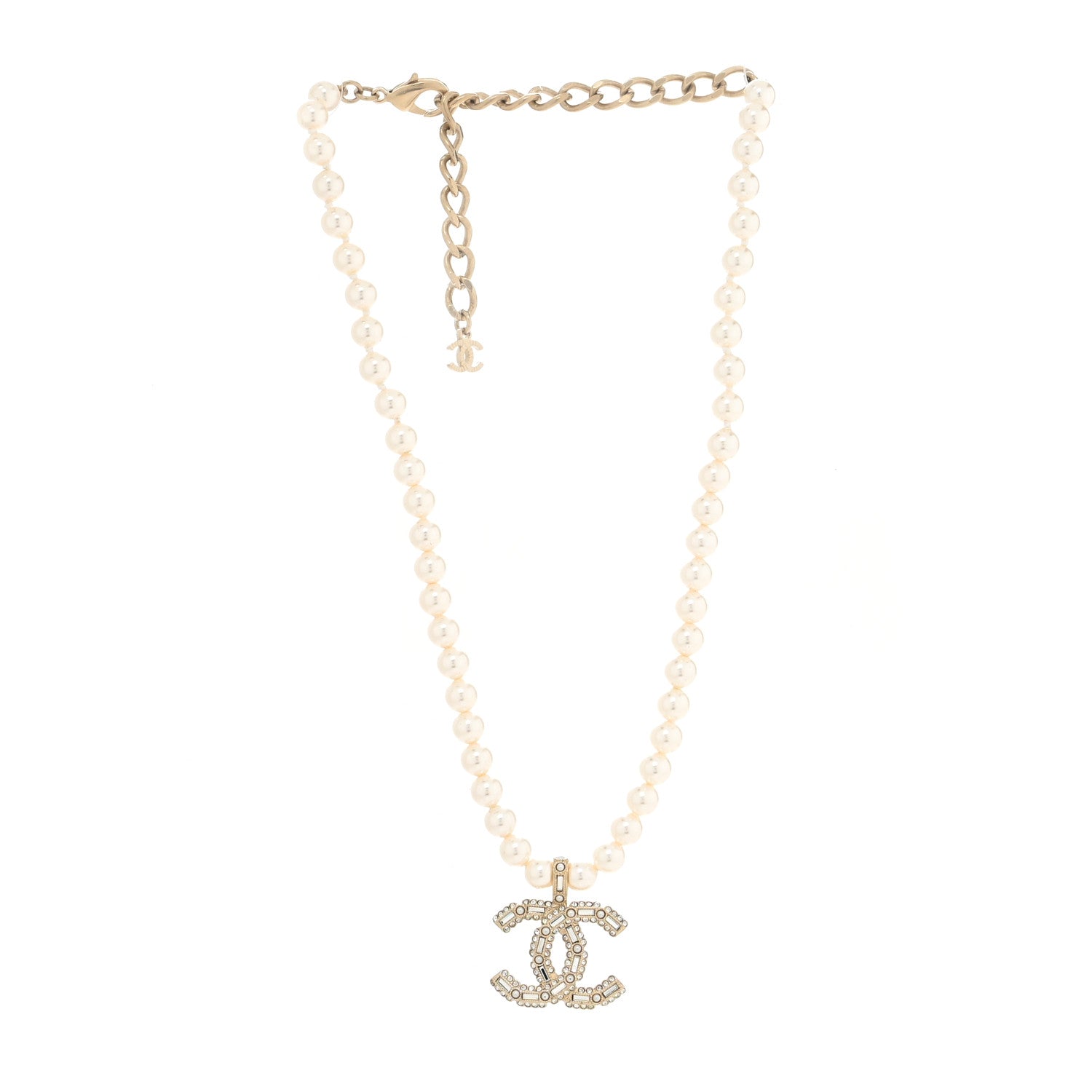 Chanel Pearl Crystal Baguette CC Short Necklace Gold 2 of 3