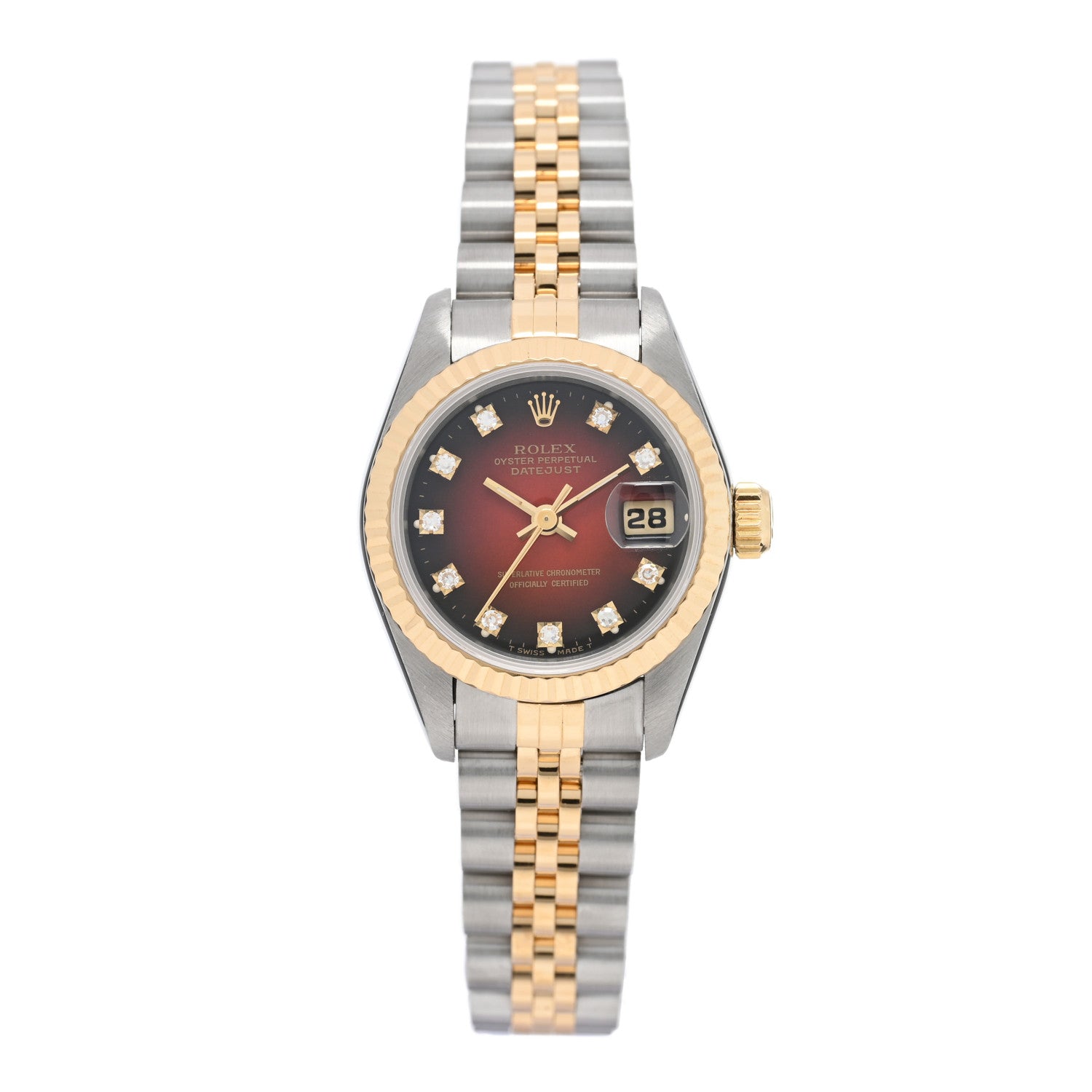 Rolex Stainless Steel 18K Yellow Gold Diamond 26mm Oyster Perpetual Datejust Watch Red Gradient 69173 1 of 4