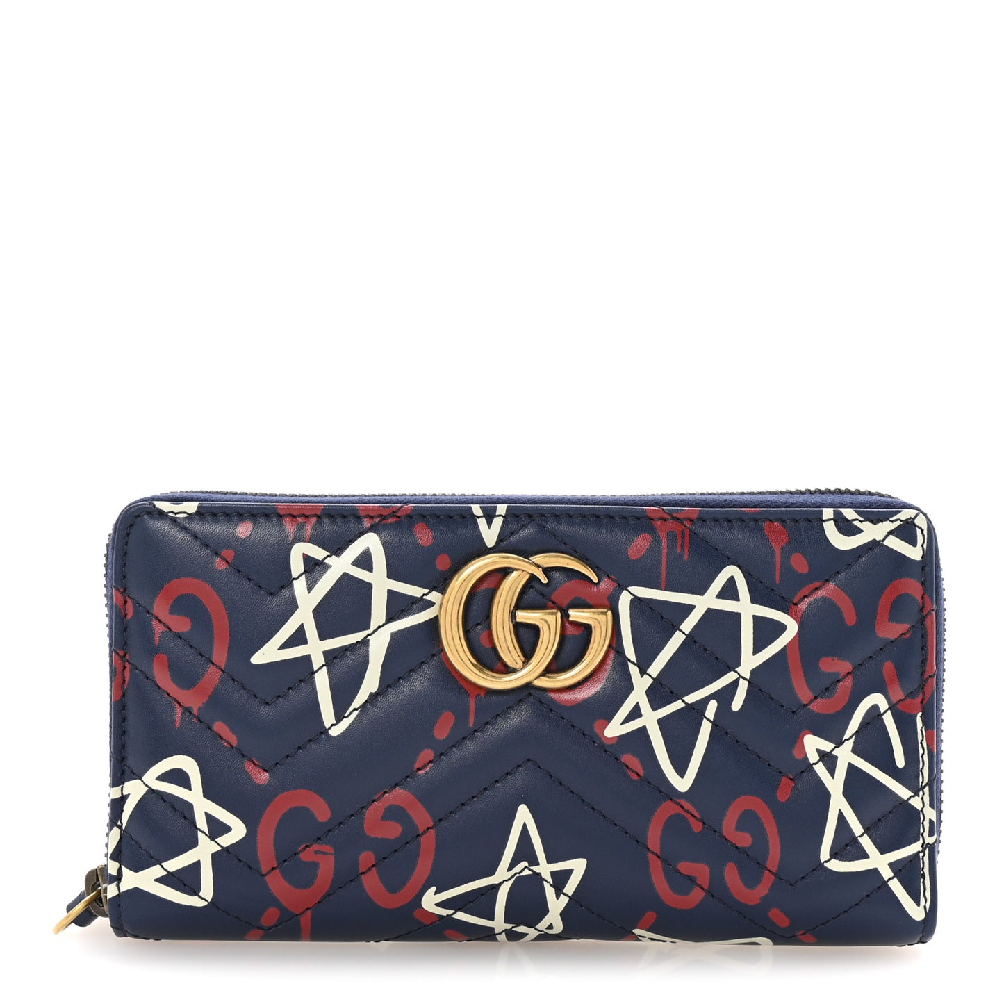 Calfskin Matelasse GucciGhost GG Marmont Zip Around Wallet Blue Agata Hibiscus Red