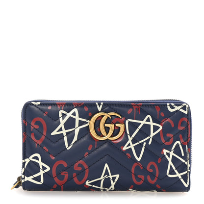 Gucci Calfskin Matelasse GucciGhost GG Marmont Zip Around Wallet Blue Agata Hibiscus Red 2 of 16