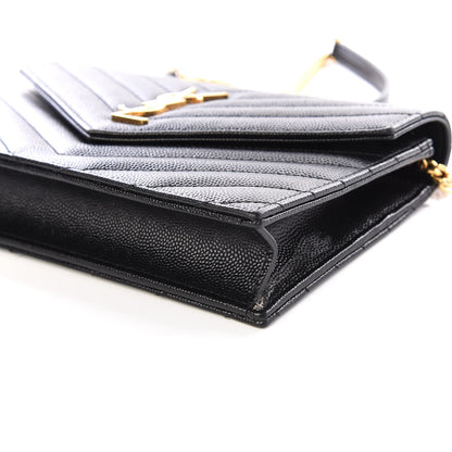 Saint Laurent Grain De Poudre Matelasse Chevron Monogram Envelope Chain Wallet Black 6 of 9