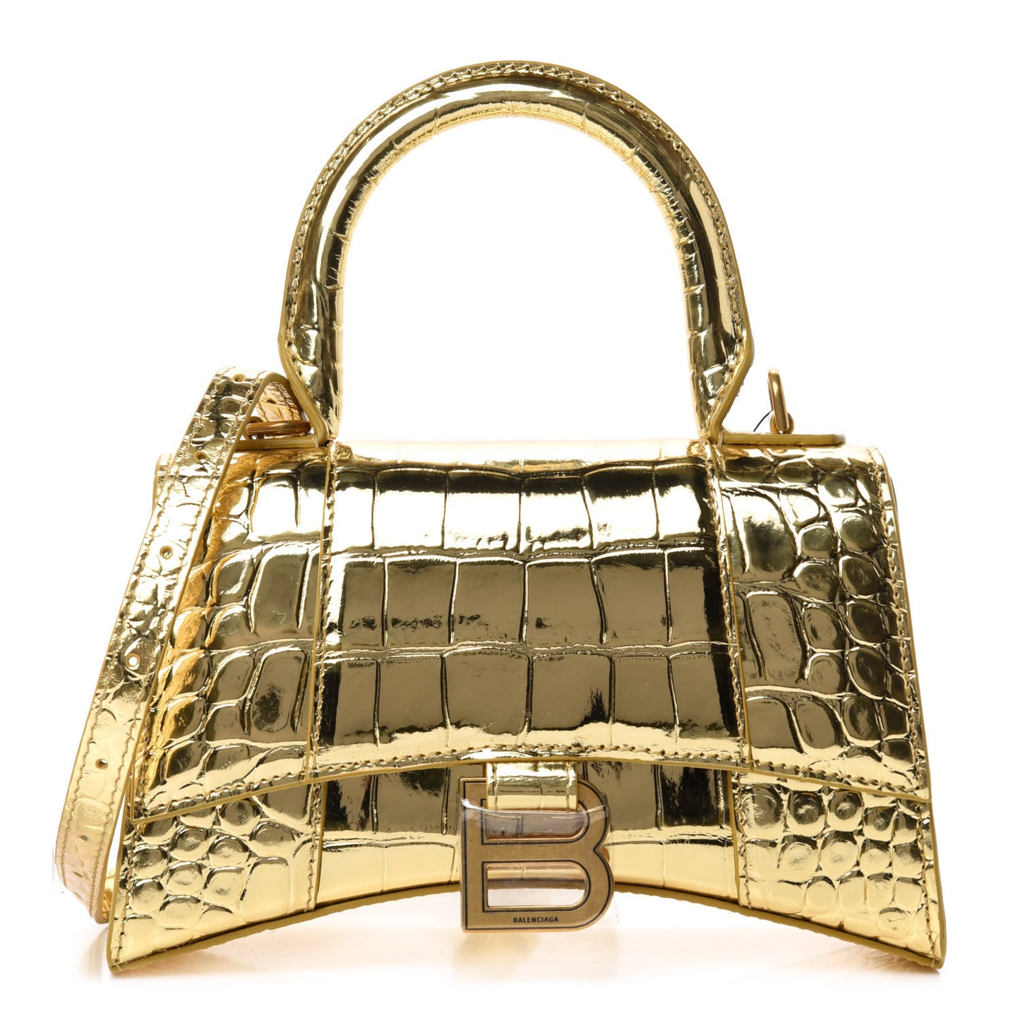 Metallic Calfskin Crocodile Embossed Hourglass Top Handle Bag XS Gold