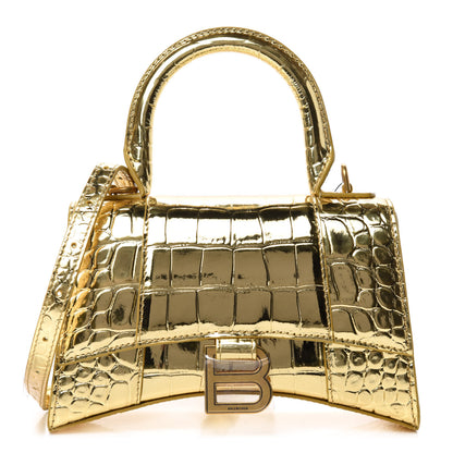 Balenciaga Metallic Calfskin Crocodile Embossed Hourglass Top Handle Bag XS Gold 1 of 9