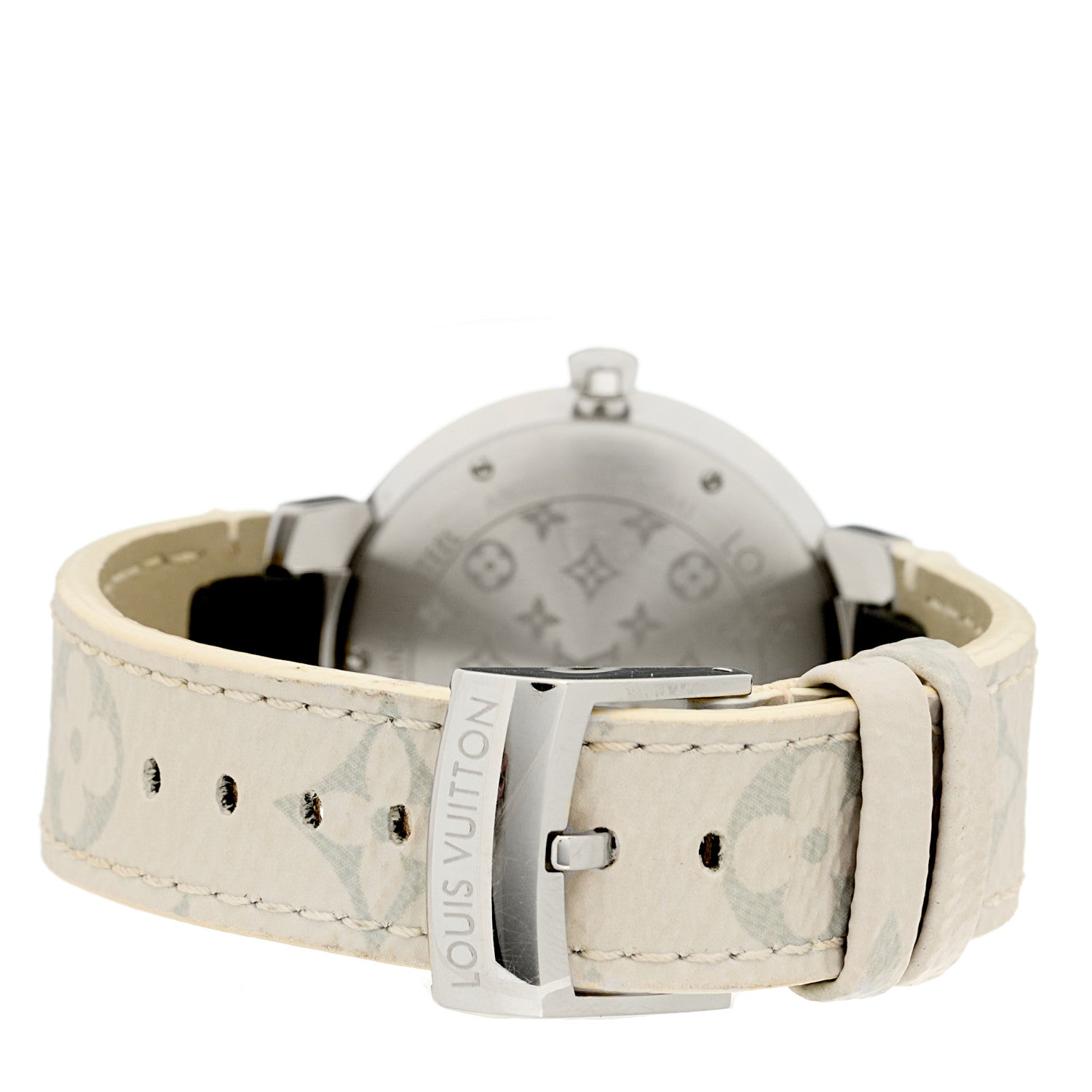 Louis Vuitton Stainless Steel Monogram Diamond 33mm Tambour Slim Quartz Watch White 3 of 4
