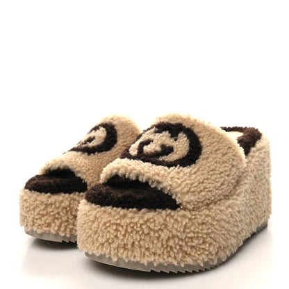 Gucci Shearling Interlocking G Womens Elea Platform Slide Wedge Sandals 38 Butterscotch Cocoa 3 of 8