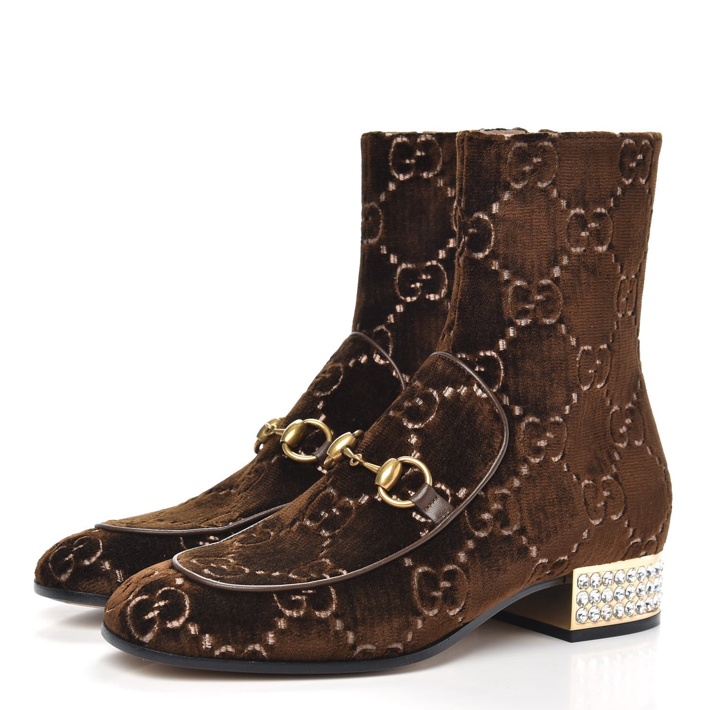 Velvet GG Monogram Crystal Horsebit Ankle Boots 37.5 Brown Vintage Cocoa