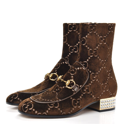 Gucci Velvet GG Monogram Crystal Horsebit Ankle Boots 37.5 Brown Vintage Cocoa 3 of 8