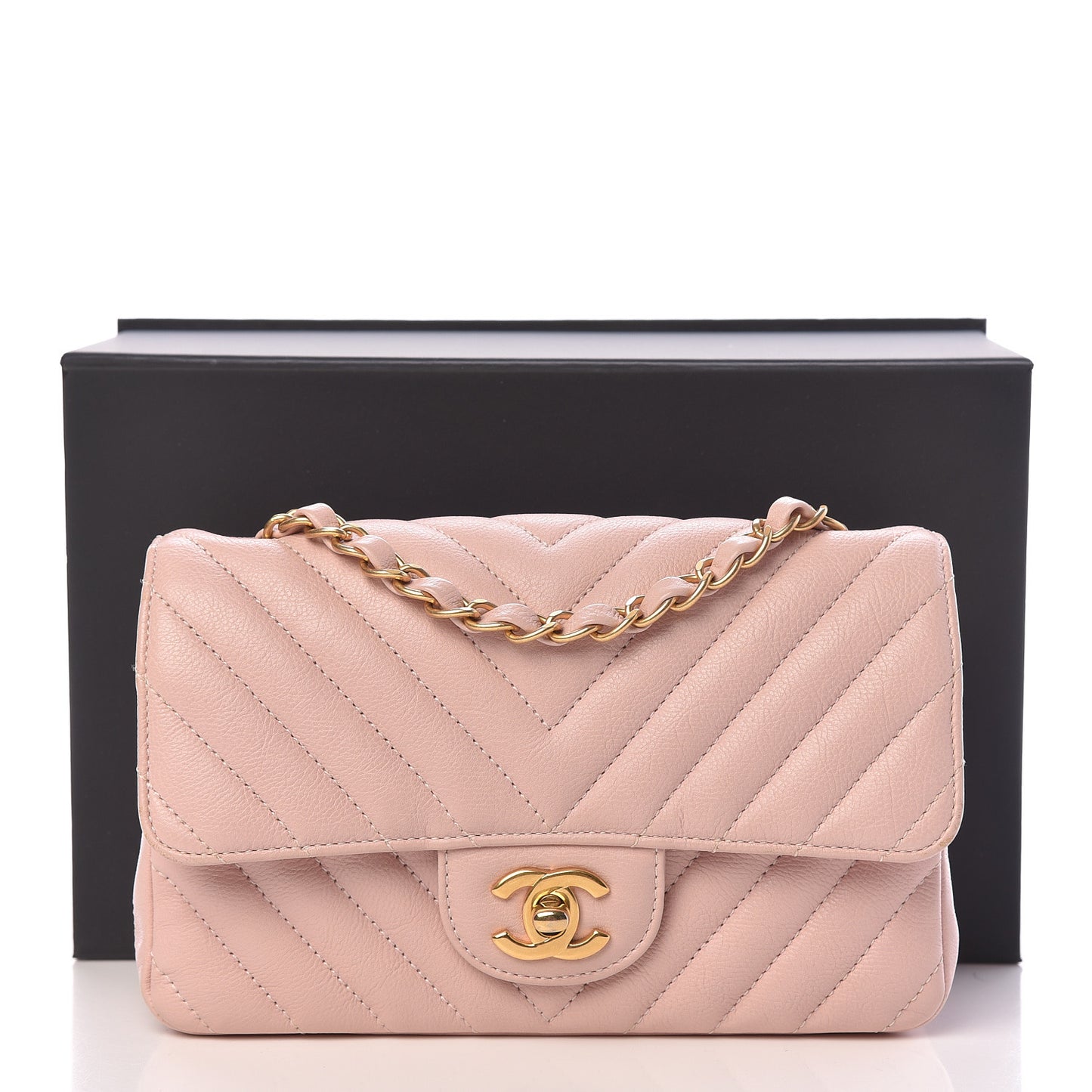 Calfskin Chevron Quilted Mini Rectangular Flap Light Pink