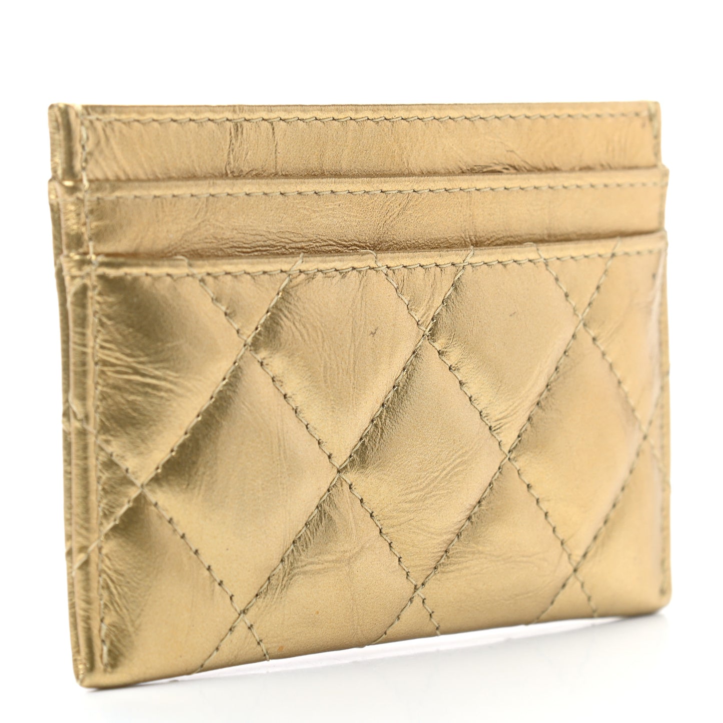 Aged Metallic Calfskin Pearl CC Quilted Card Holder Gold