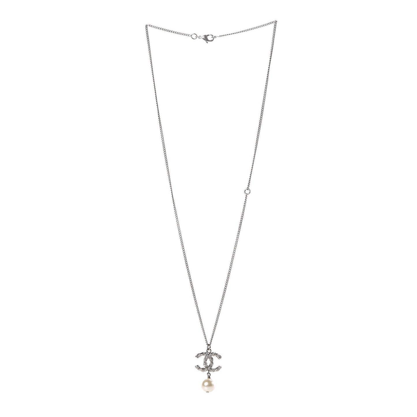 Crystal Pearl Twisted CC Drop Necklace Silver