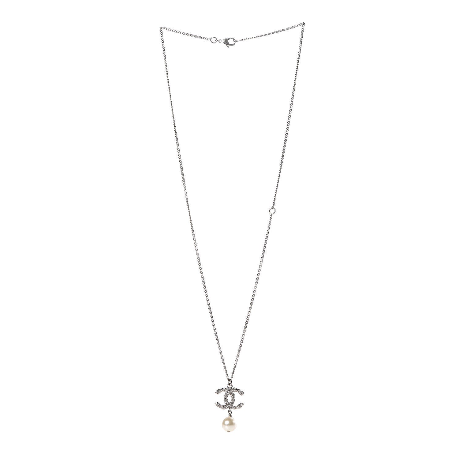 Chanel Crystal Pearl Twisted CC Drop Necklace Silver 3 of 6