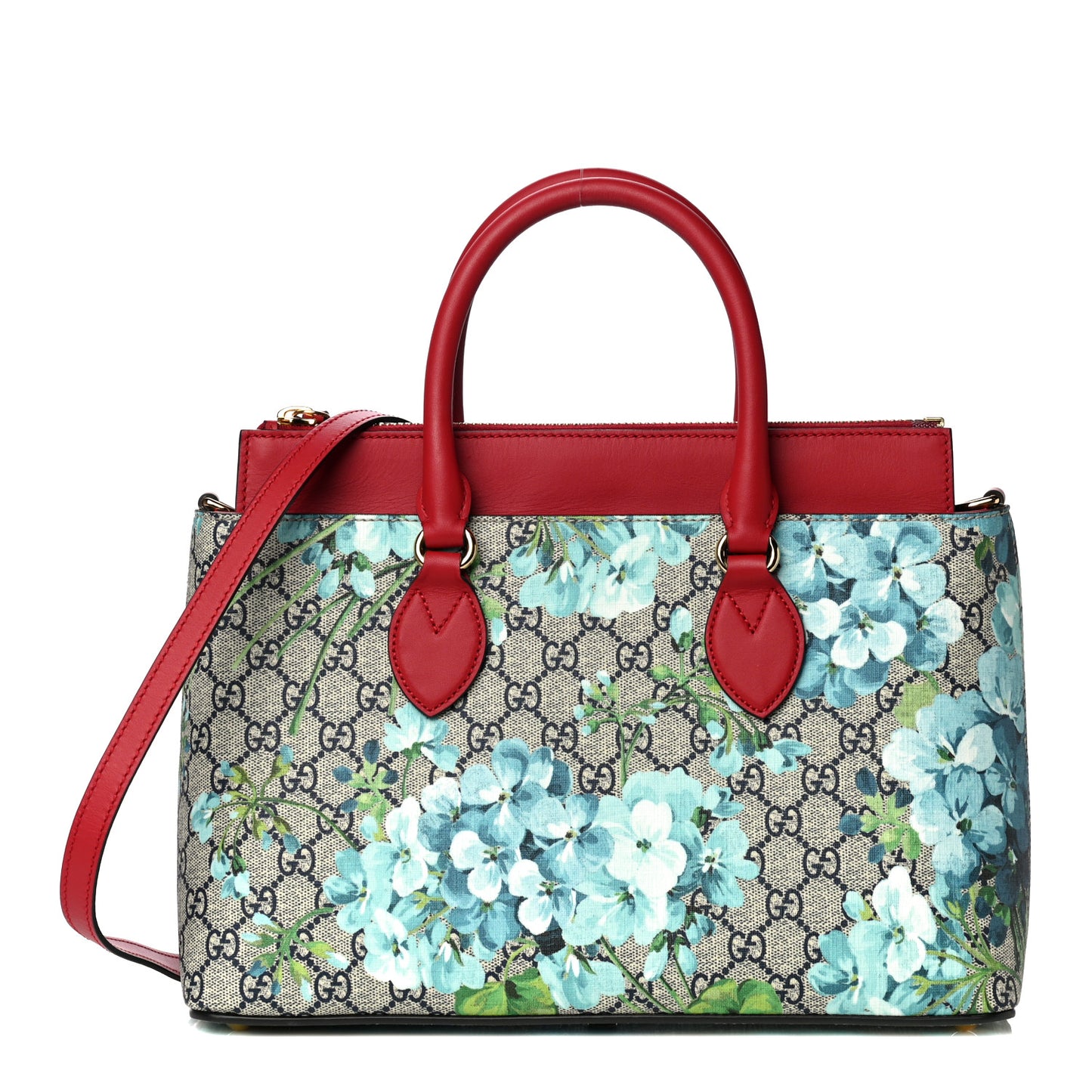 GG Supreme Monogram Blooms Medium Zip Top Tote Beige Blue Navy Hibiscus Red