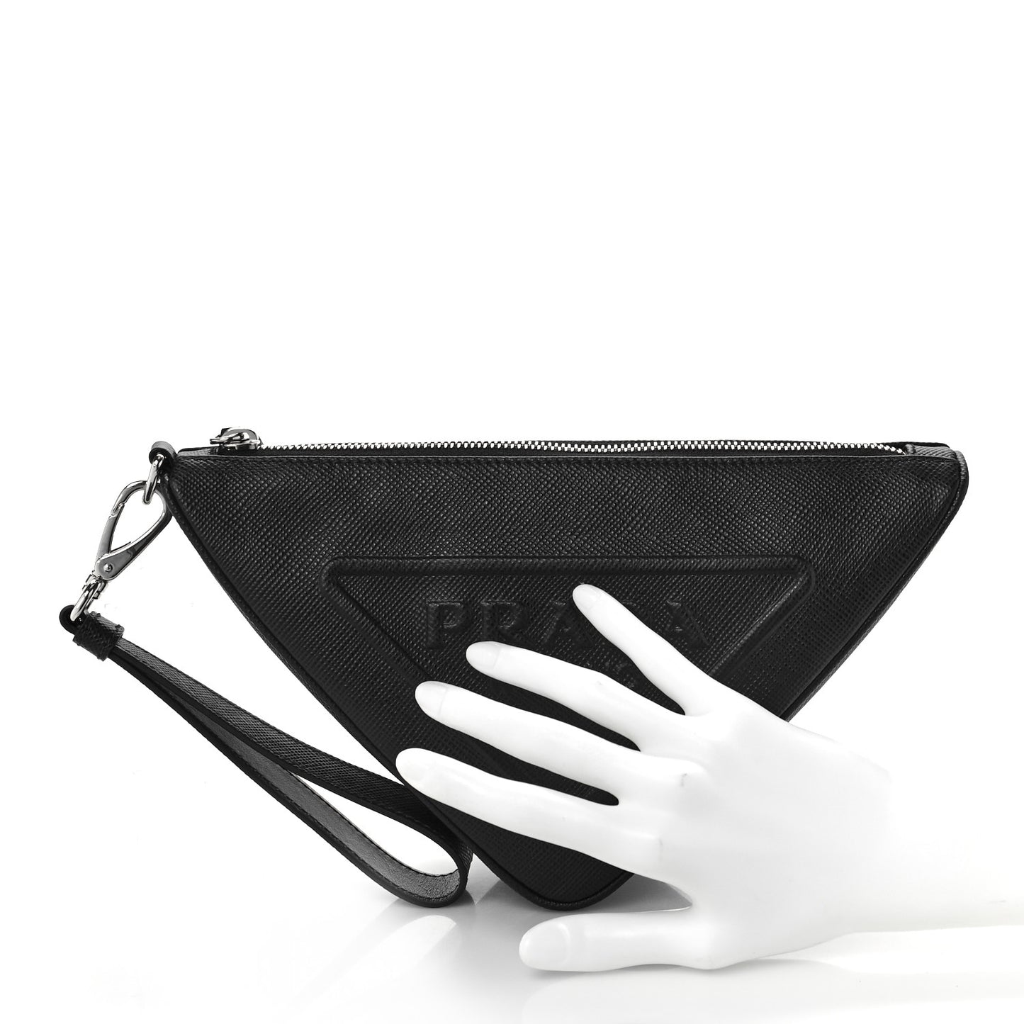 Saffiano Cuir Triangle Logo Embossed Triangle Wristlet Black