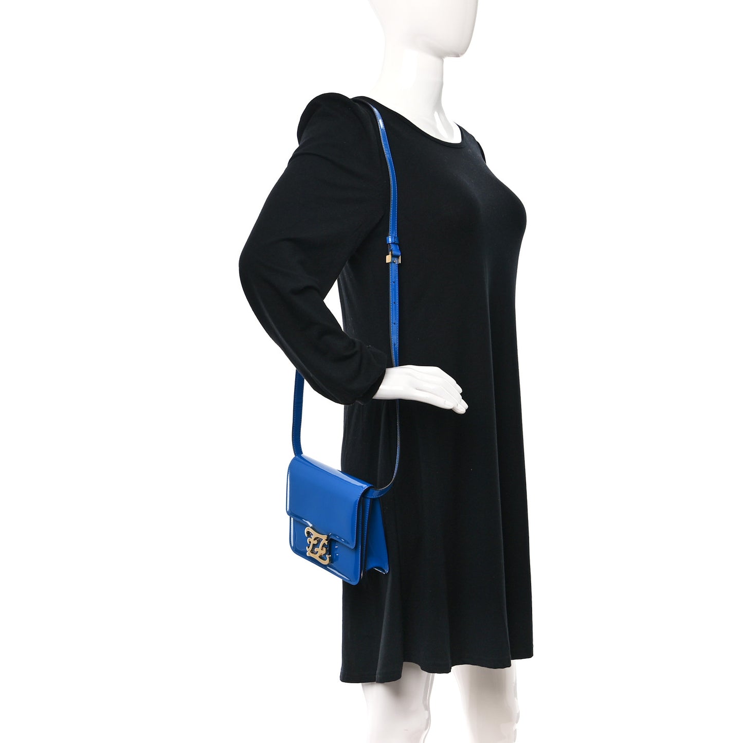 Vitello Vernice Mou Karligraphy Crossbody Bag Bluette