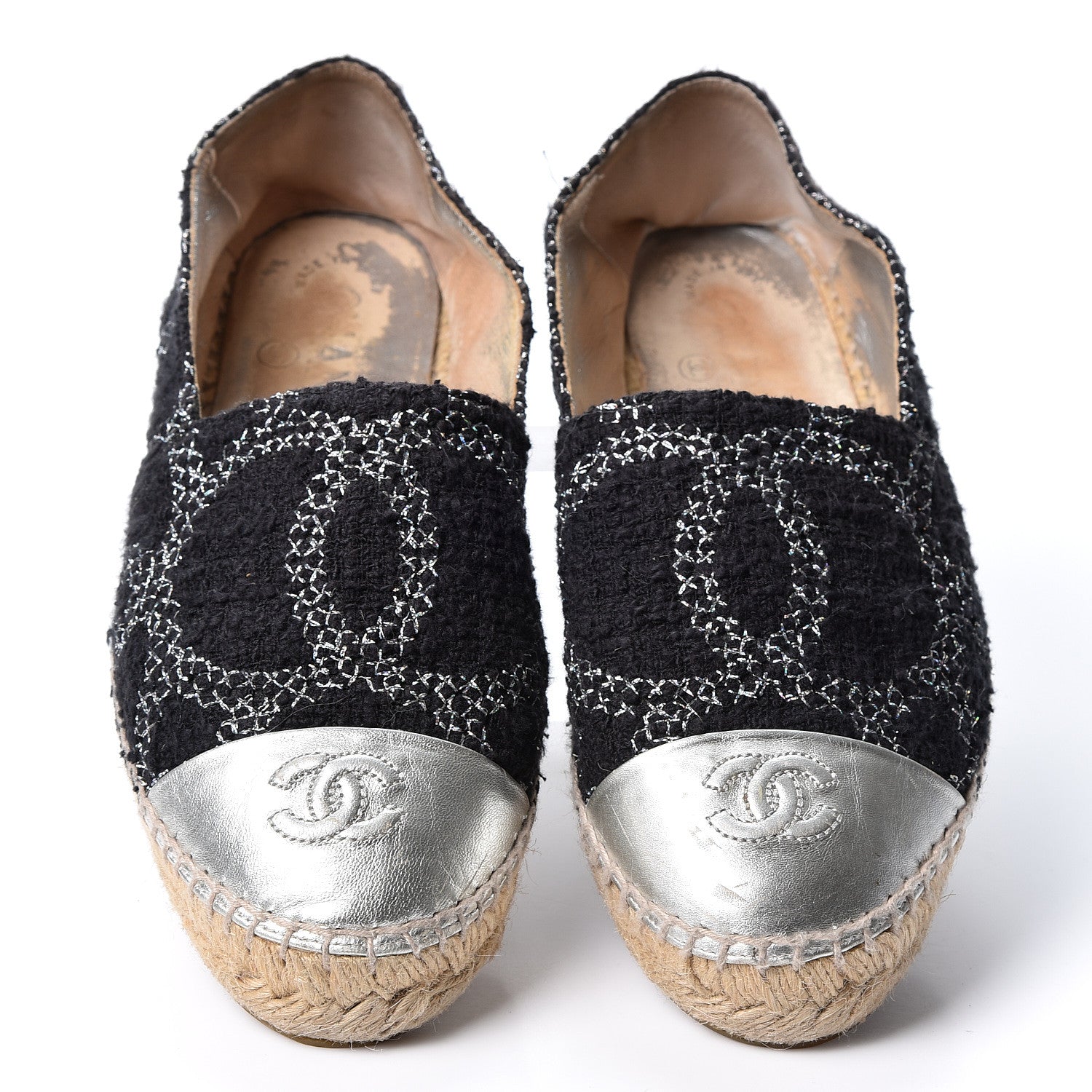 Chanel Tweed Lambskin CC Espadrilles 37 Black Silver 7 of 16