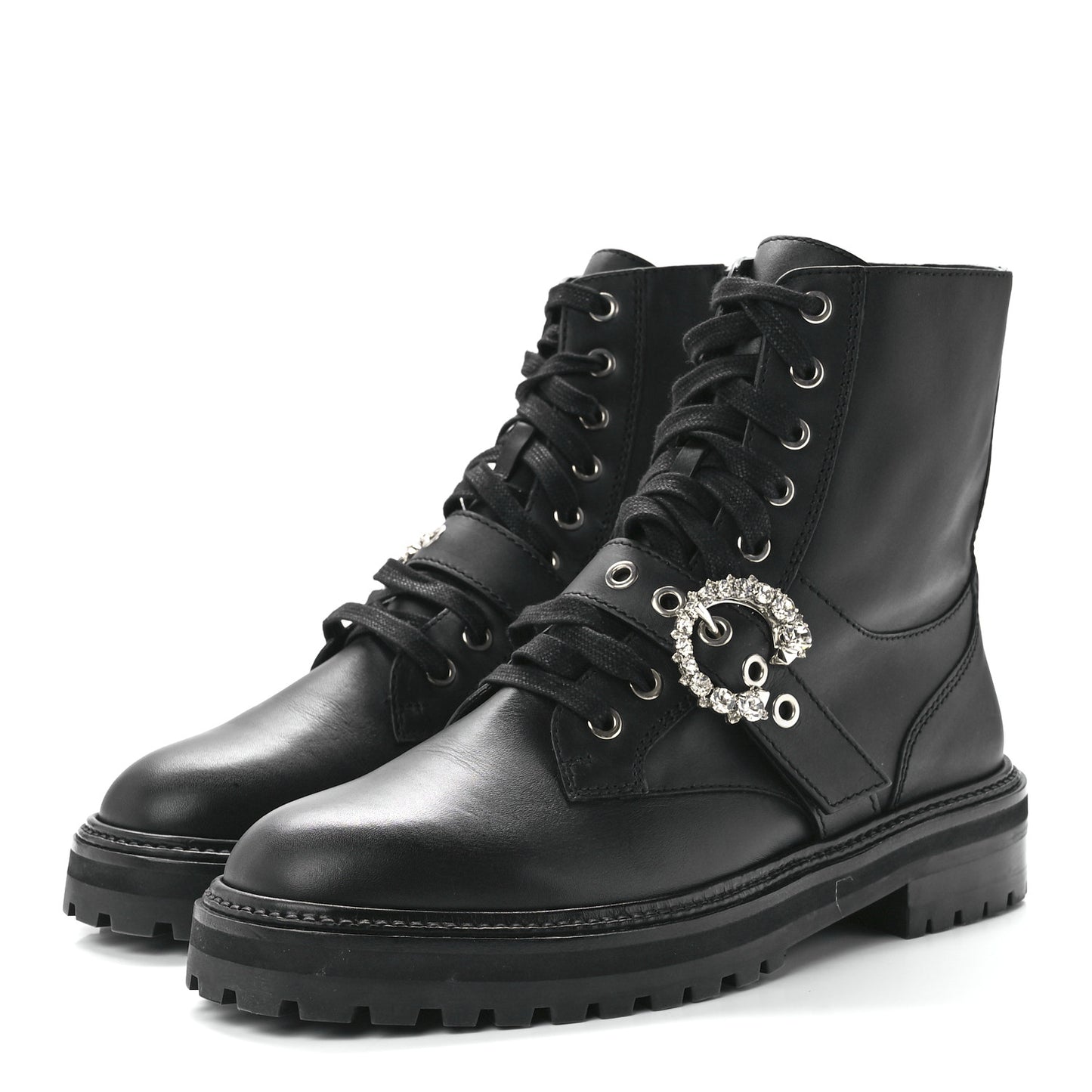 Calfskin Crystal Embellished Cora Flat Combat Boots Black 41