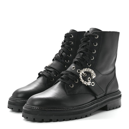 Jimmy Choo Calfskin Crystal Embellished Cora Flat Combat Boots Black 41 3 of 7