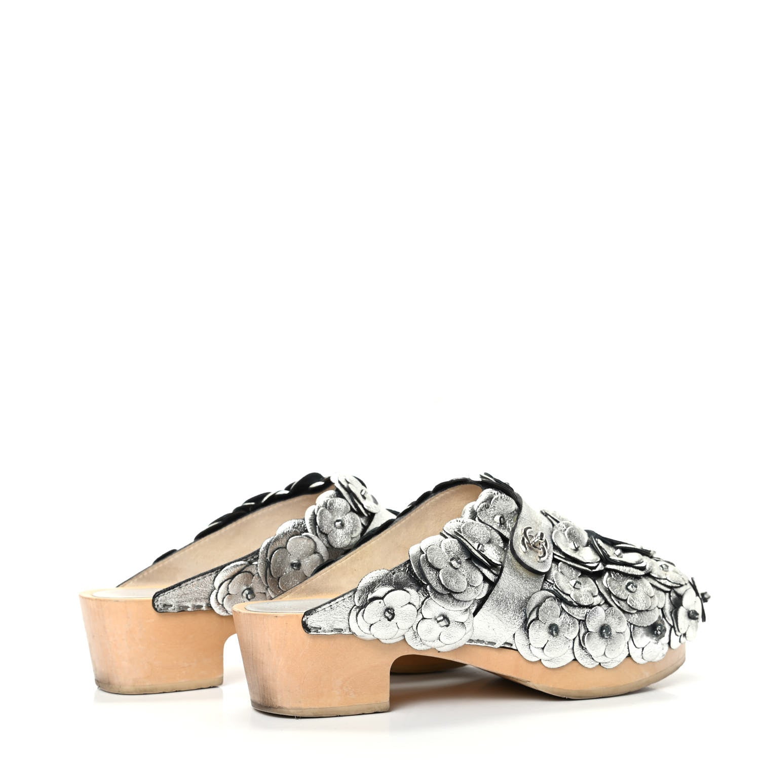 Chanel Metallic Crumpled Lambskin Wooden Camellia Mules 37.5 Silver 4 of 12