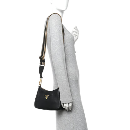Prada Vitello Daino Soft Zippered Hobo Shoulder Bag Black 2 of 10
