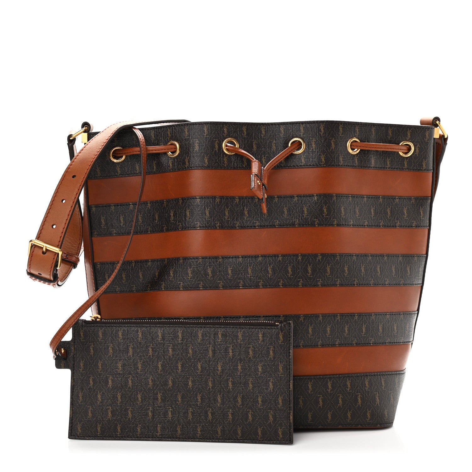 Saint Laurent Canvas Smooth Calfskin Le Monogramme Striped Bucket Bag Brown 1 of 11