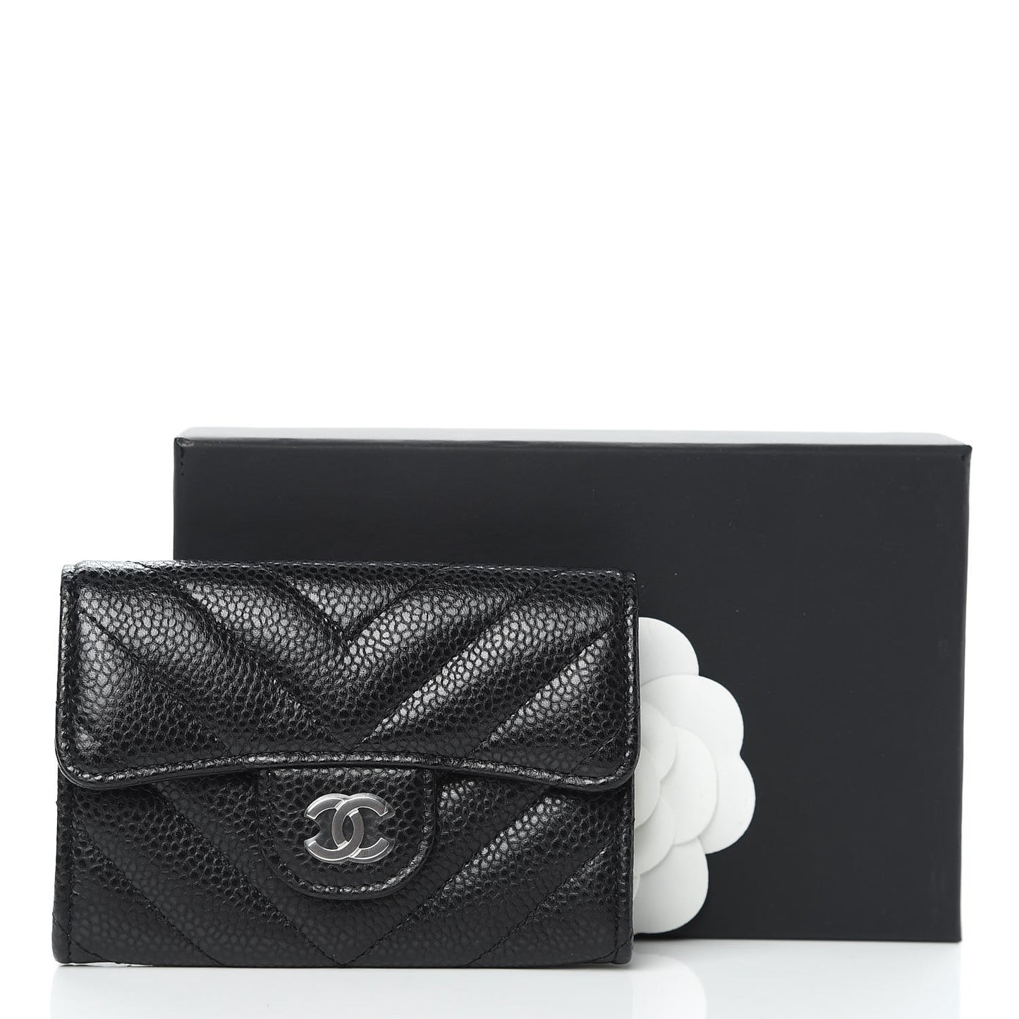 Caviar Chevron Quilted Flap Card Holder Black