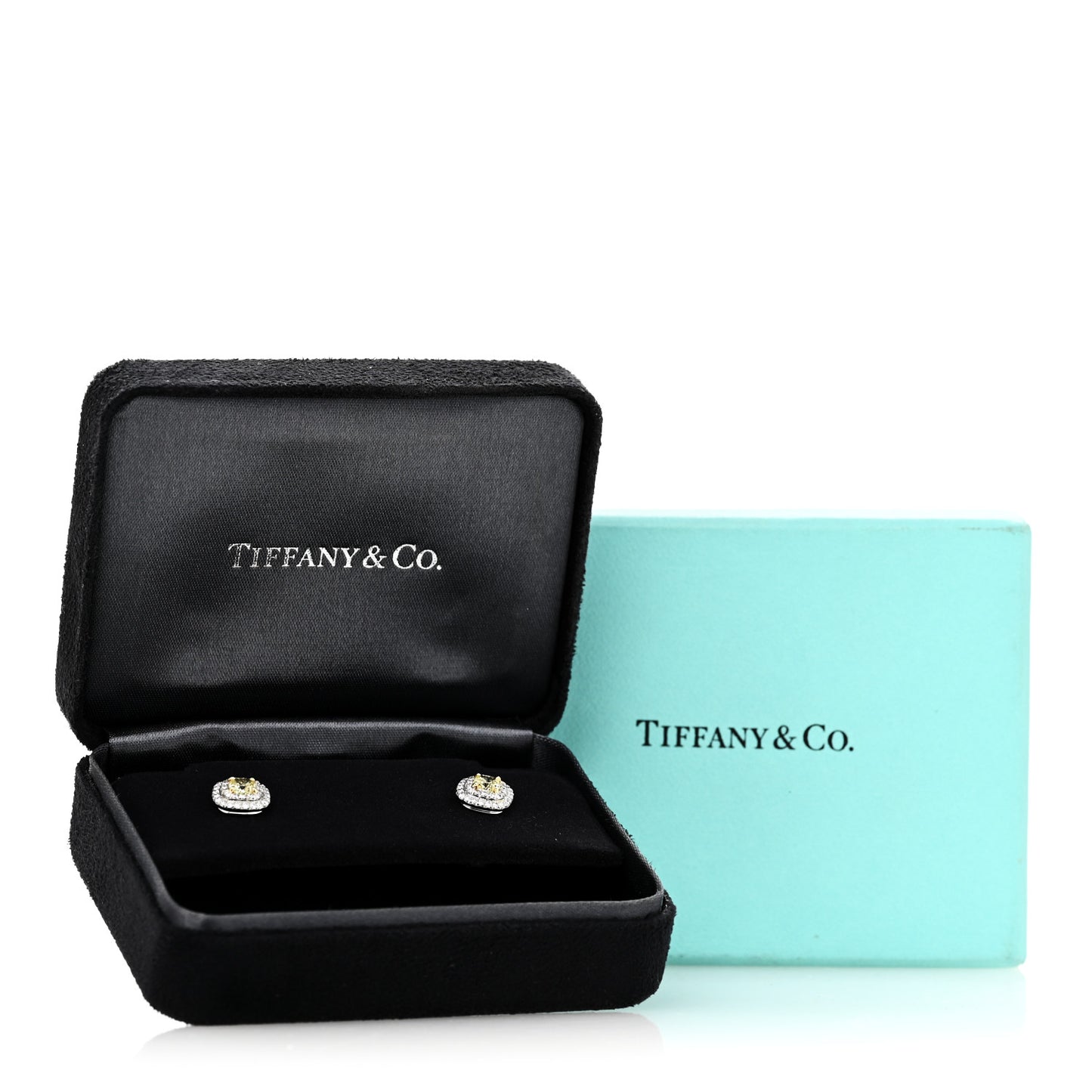 Platinum 18K Yellow Diamond .64ctw Cushion Soleste Earrings