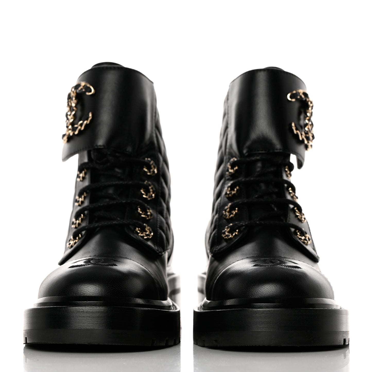 Shiny Lambskin Quilted Lace Up Combat Boots 36.5 Black