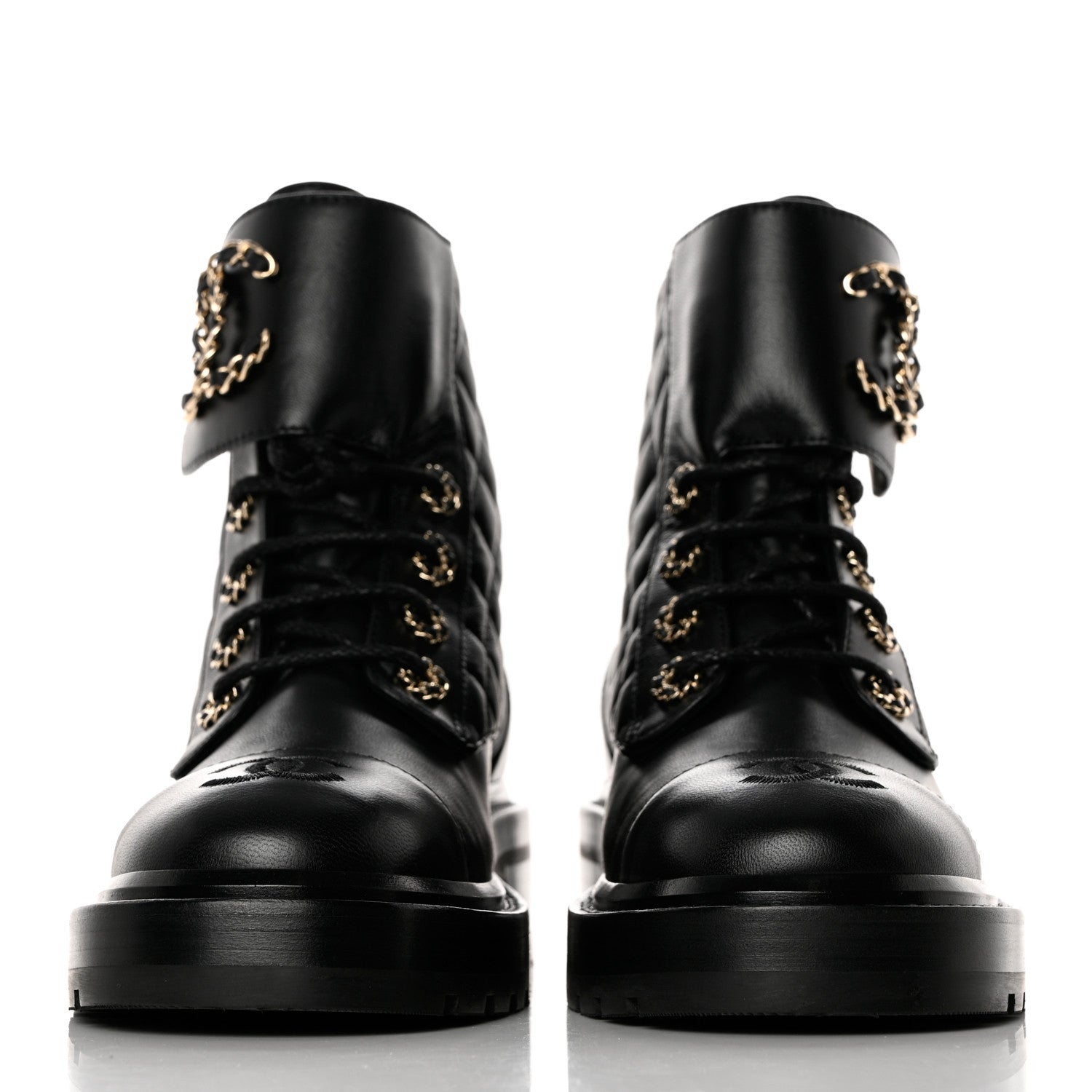 Chanel Shiny Lambskin Quilted Lace Up Combat Boots 36.5 Black 2 of 9