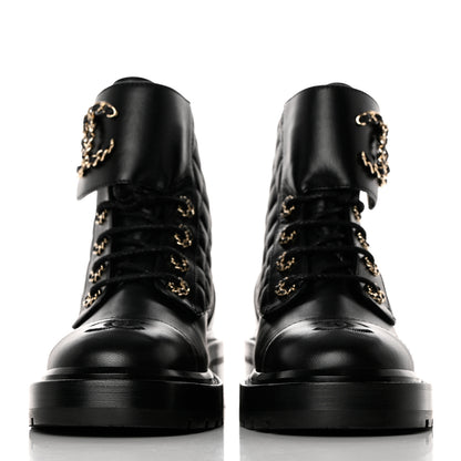 Chanel Shiny Lambskin Quilted Lace Up Combat Boots 36.5 Black 2 of 9