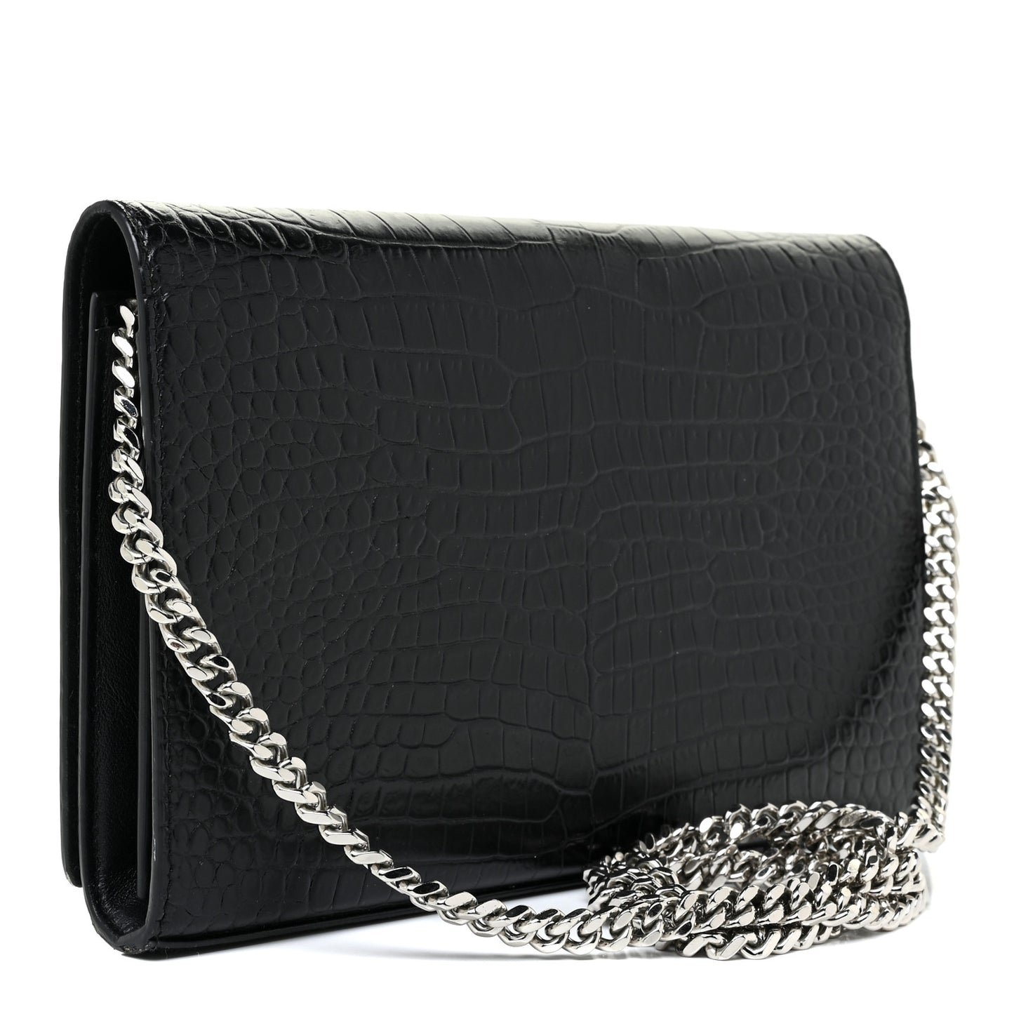 Calfskin Crocodile Embossed Monogram Chain Wallet Black