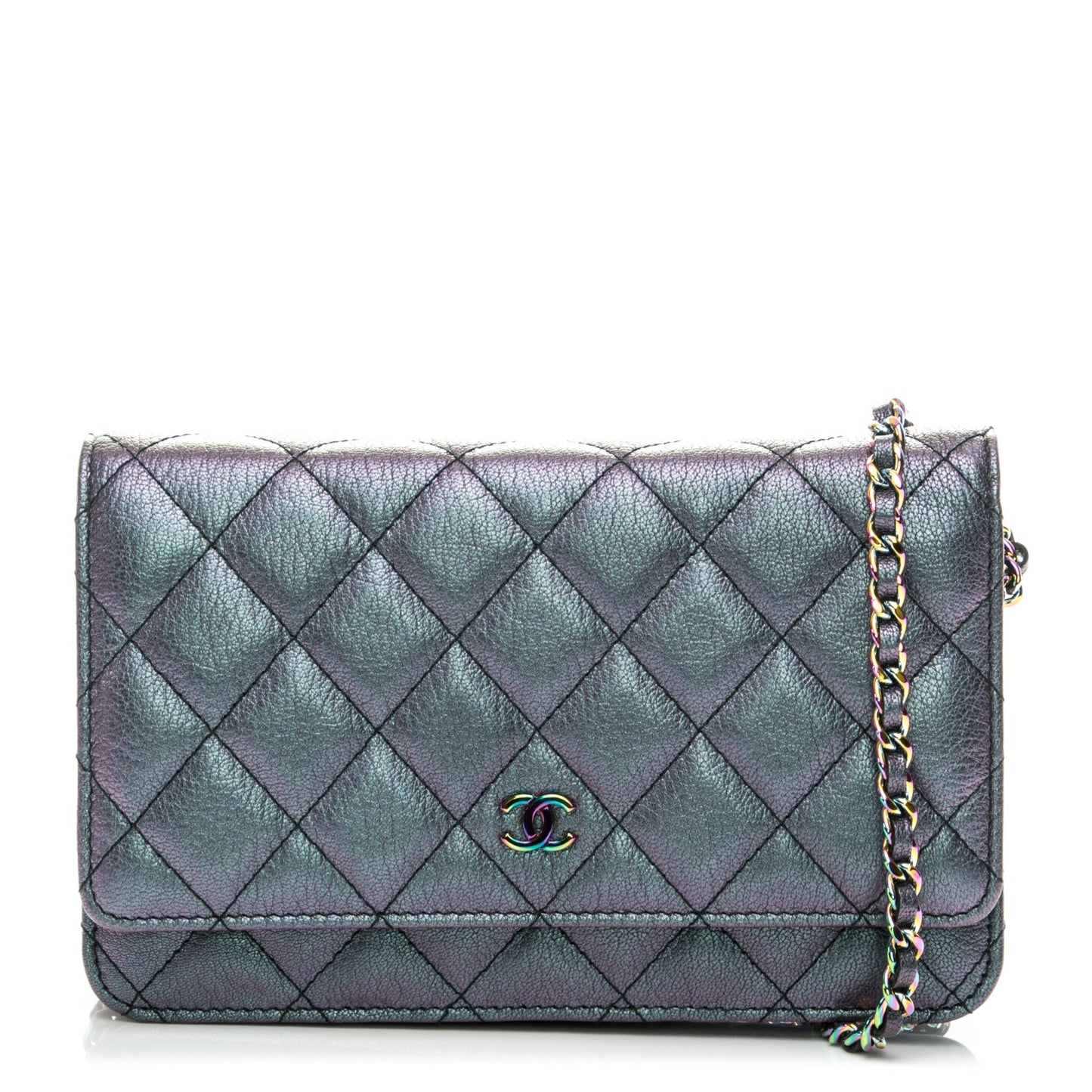 Iridescent Goatskin Quilted Wallet On Chain WOC Purple