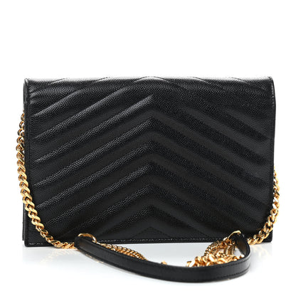 Saint Laurent Grain De Poudre Matelasse Chevron Monogram Envelope Chain Wallet Black 3 of 9