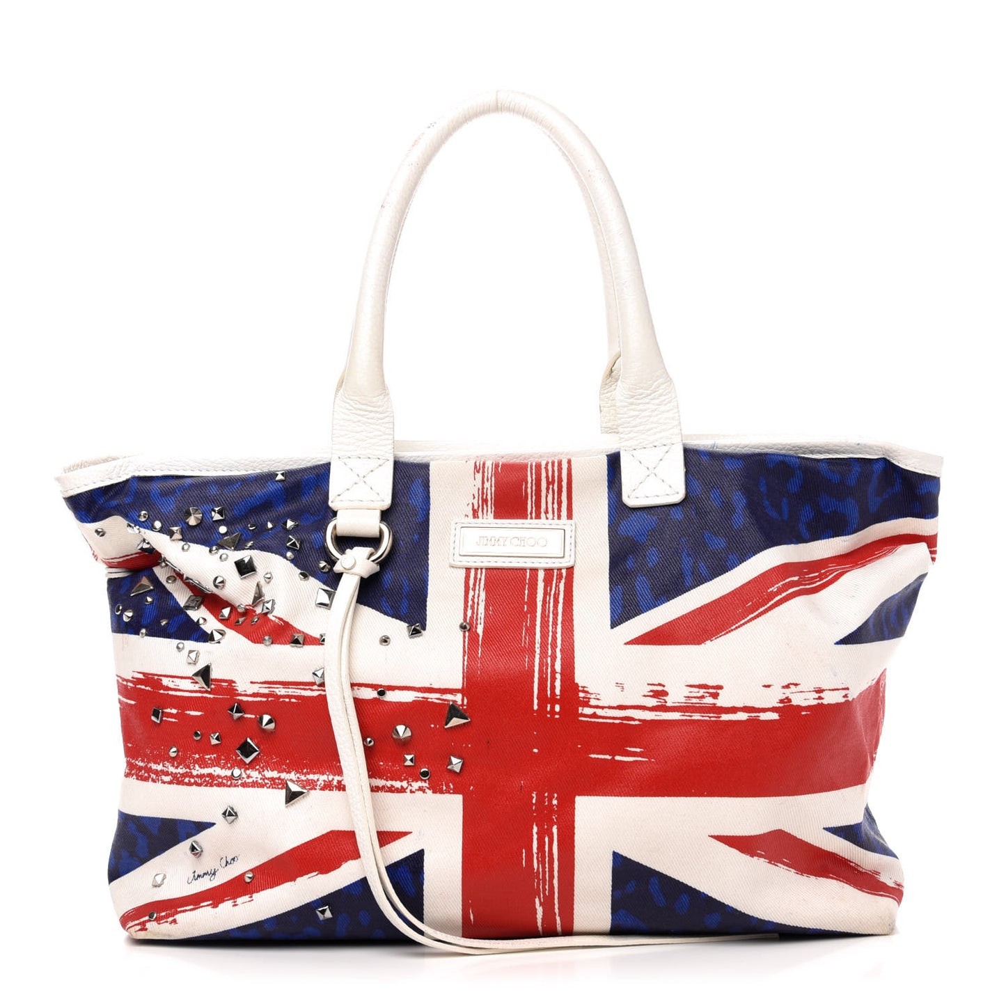 Denim Calfskin Studded Union Jack Print Tote