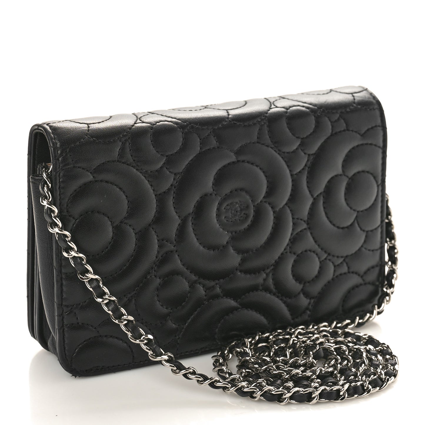 Lambskin Camellia Quilted Wallet On Chain WOC Black