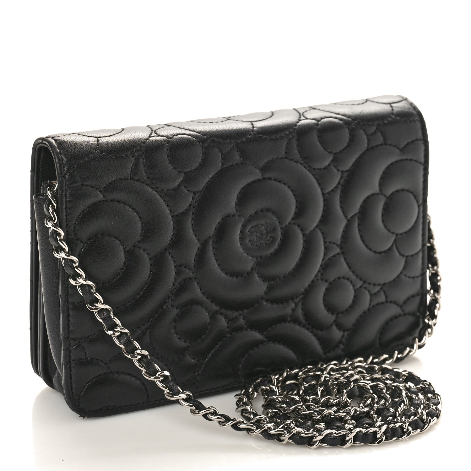 Chanel Lambskin Camellia Quilted Wallet On Chain WOC Black 2 of 11