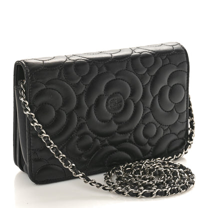 Chanel Lambskin Camellia Quilted Wallet On Chain WOC Black 2 of 11