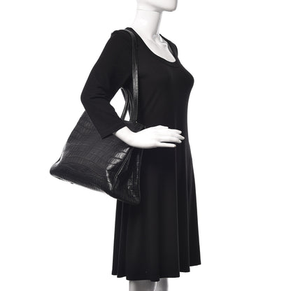 Saint Laurent Calfskin Crocodile Embossed Medium Trois Class Tote Black 2 of 9