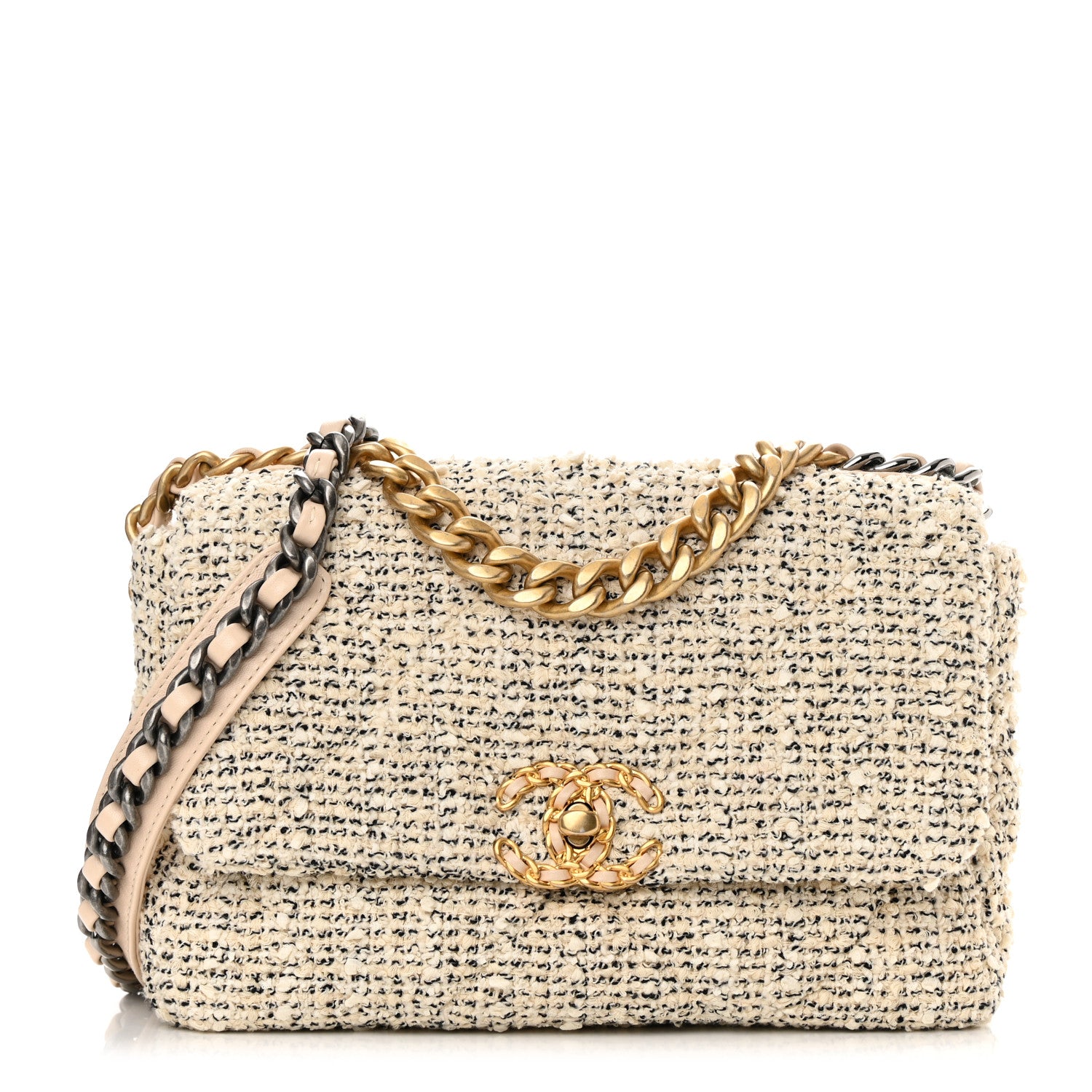 Chanel Tweed Quilted Medium Chanel 19 Flap Ecru Black 1 of 11