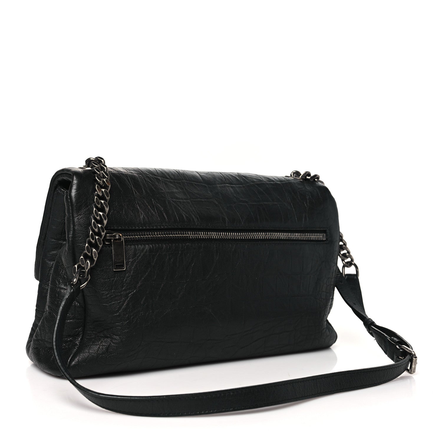 Saint Laurent Calfskin Crocodile Embossed Medium West Hollywood Monogram Fold-Over Black 3 of 10