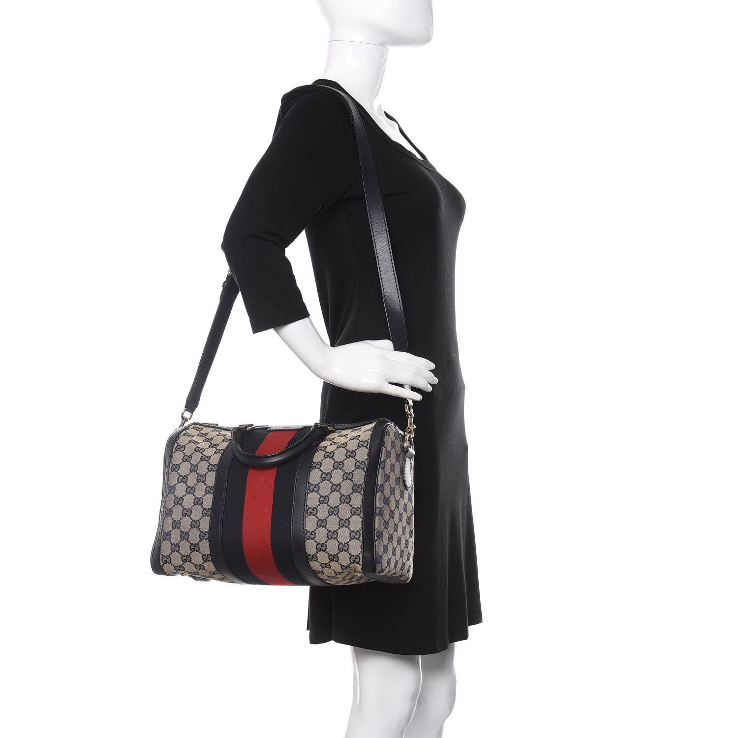 Gucci Monogram Selleria Calfskin Vintage Web Medium Boston Beige Blue 2 of 11