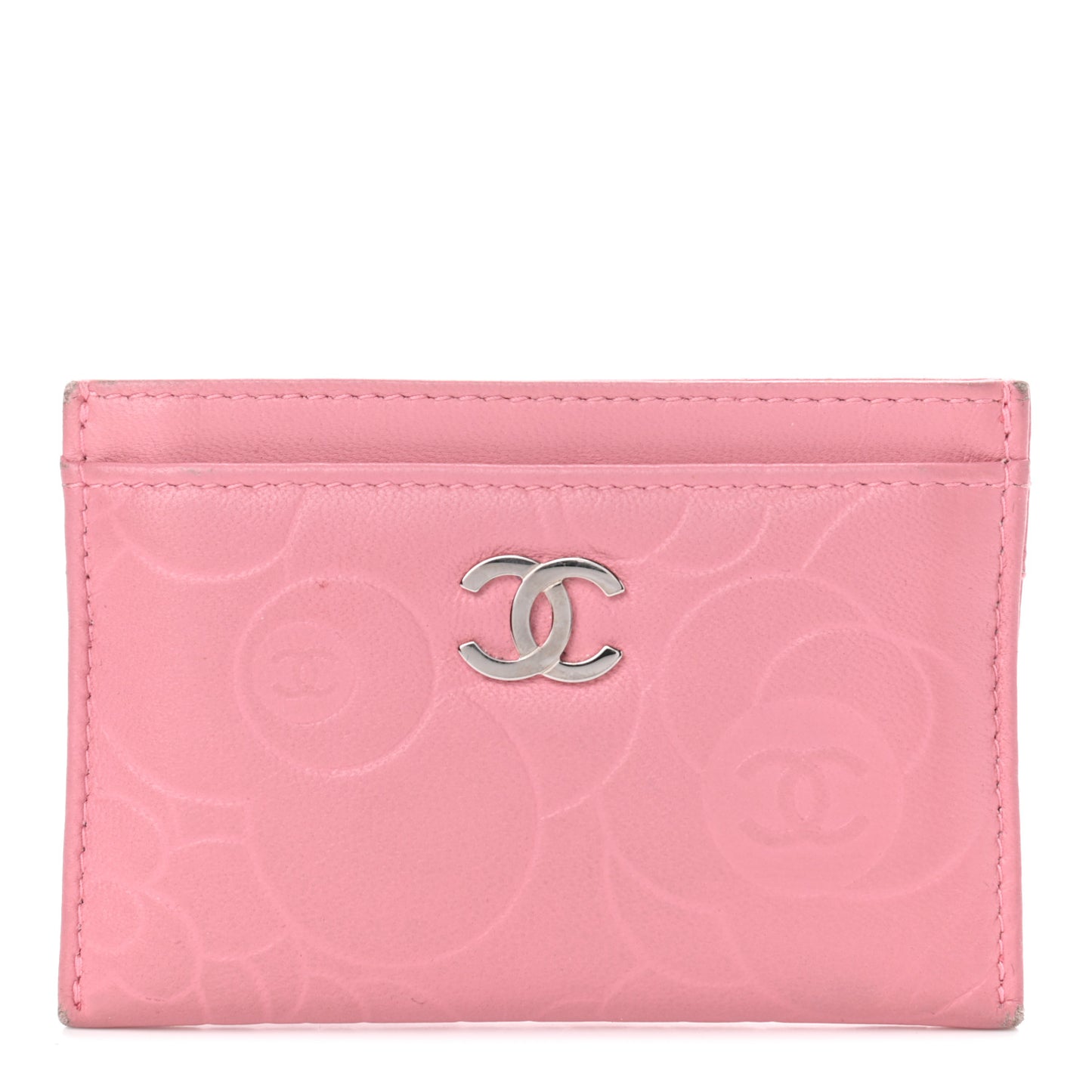 Lambskin Camellia Embossed Card Holder Pink