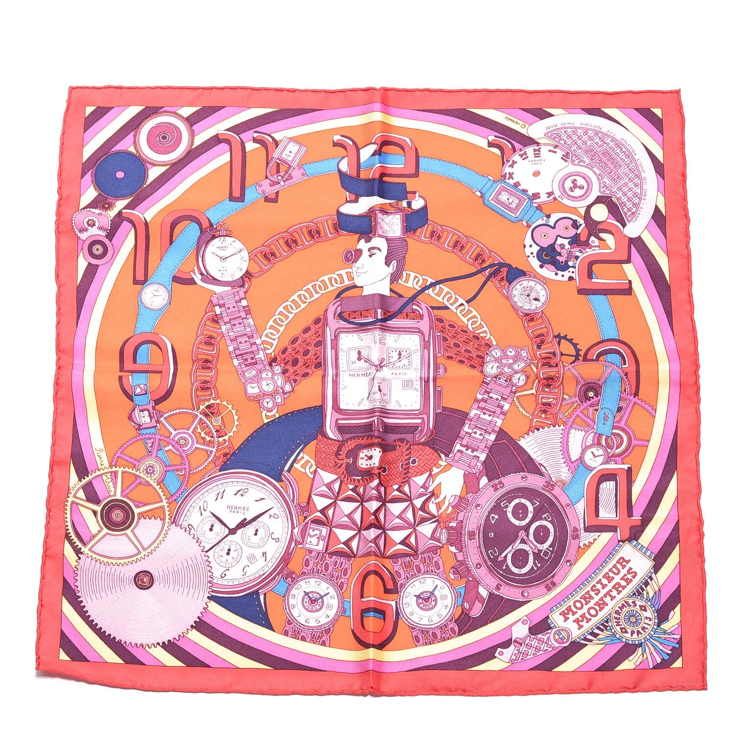Hermes Silk Monsieur Montres Pocket Square 1 of 6